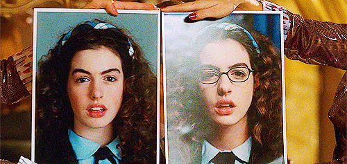 Anne Hathaway coming out in the middle of two photos showing her transformation