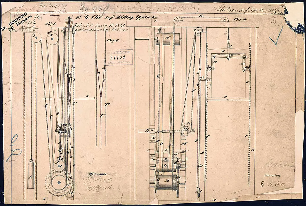 Elisha Otis's elevator patent drawing, 1861