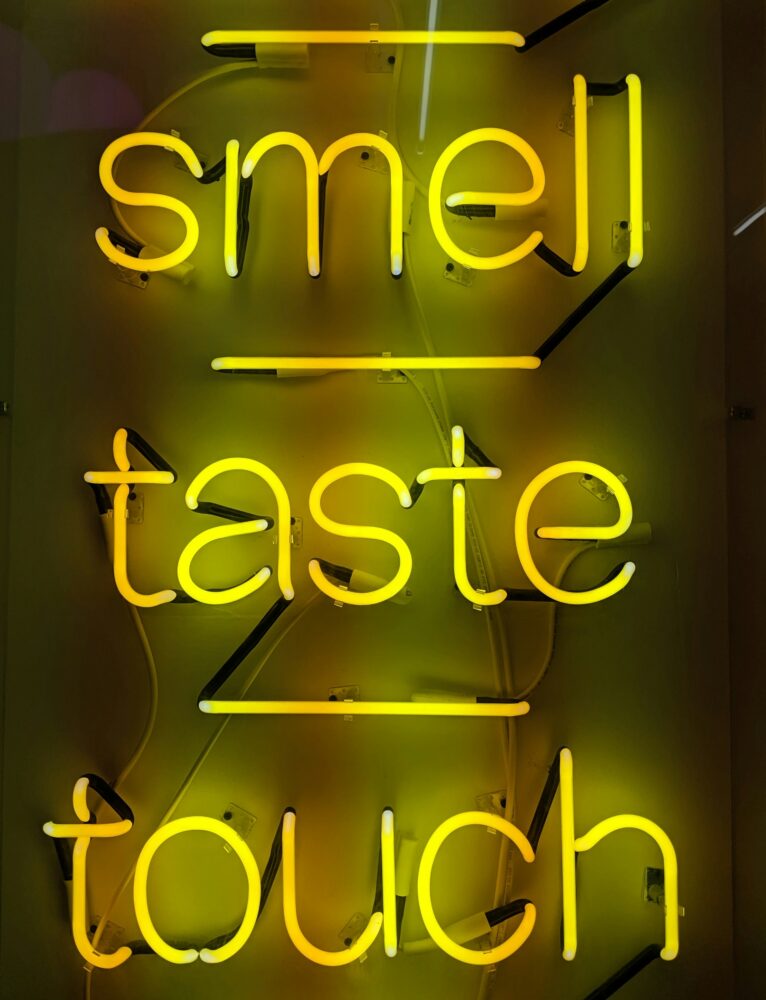 neon yellow letter lights on words - smell, taste, touch