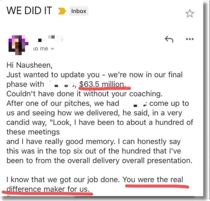 Breakdown of a $63.5 million investment pitch 1 Nausheen Chen helped clients pitch for $63.5 million