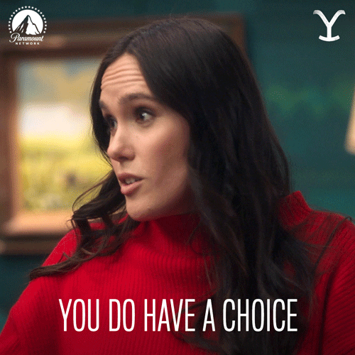 A woman in red top saying that you do have a choice